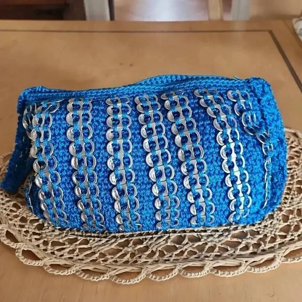 Handmade crochet recycle soda pull tabs blue bag